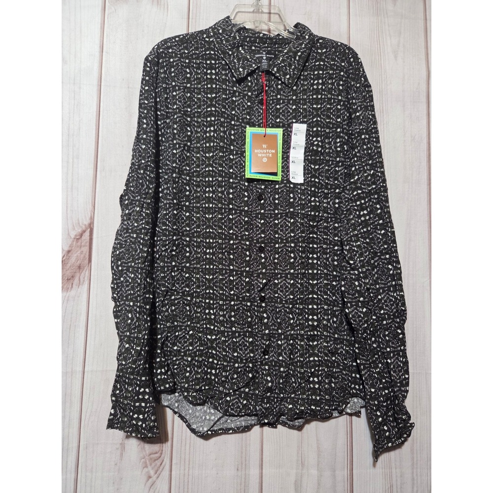 Houston White Mens XL Black White Abstract Print Rayon Long Sleeve Button Down